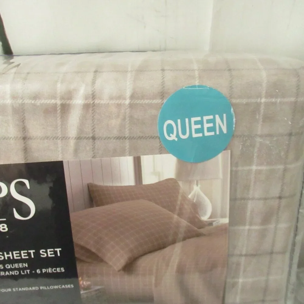 Chaps Sheets Queen Size‎ Beige Plaid Wrinkle Resistant Ultra Soft 6 Piece Set